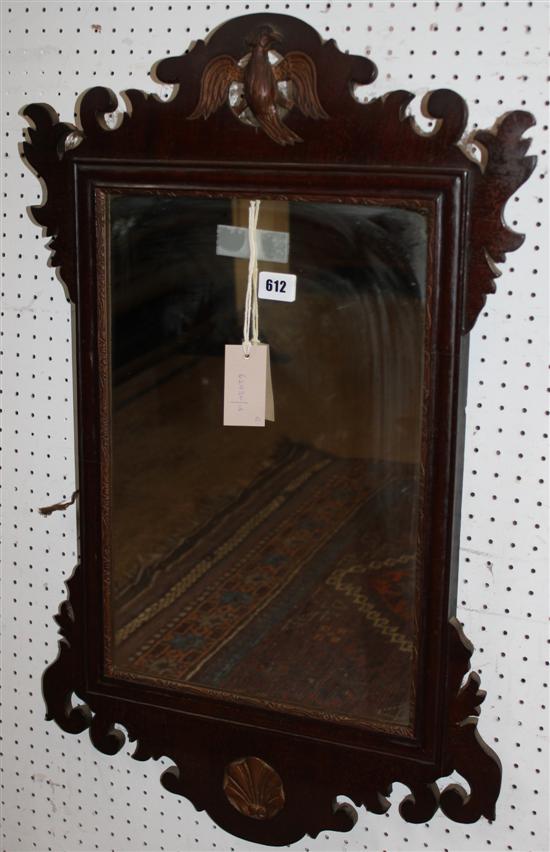 Georgian fret-carved mahogany framed rectangular wall mirror, gilt bird & shell motifs